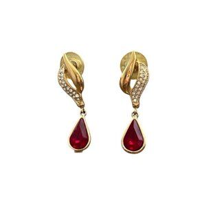 Vintage Roman Faux Ruby Crystals Dangle Post Earrings Red Goldtone